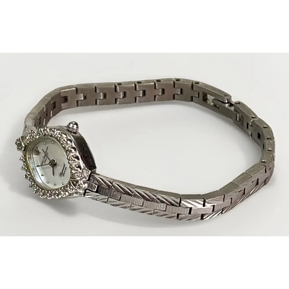 Vintage Jules Jurgensen Silver Tone Quartz Watch Diamond Bezel Women's Bracelet